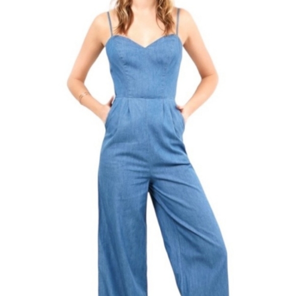 Lovers + Friends denim jumpsuit with open back x tie string - size xxs - Picture 1 of 14